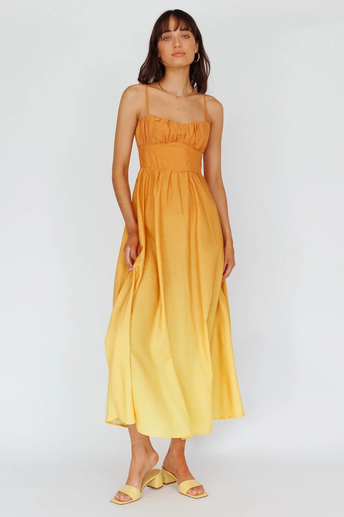 Clarabelle Gathered Bust Midi Dress Gradient Orange