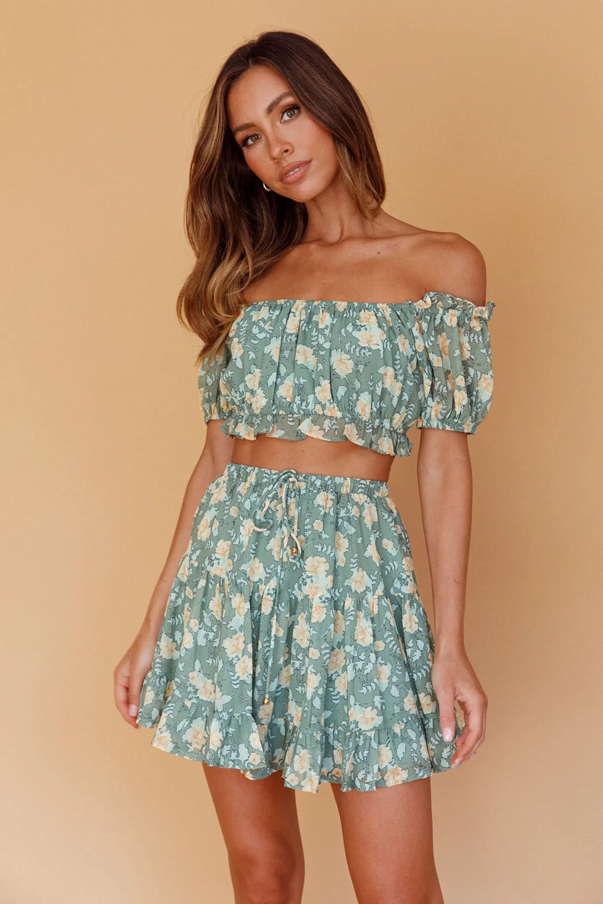 Archana Drawstring Waist Skirt Floral Green