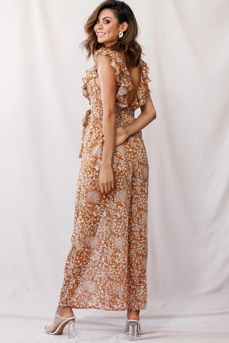 Marcia Ruffle Strap Wide Leg Jumpsuit Tan