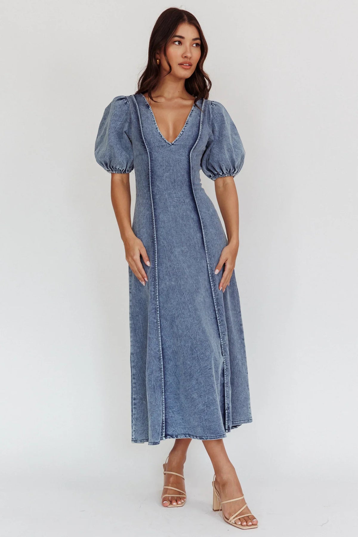 Morgane Puff Sleeve V-Neck Midi Dress Light Denim Blue