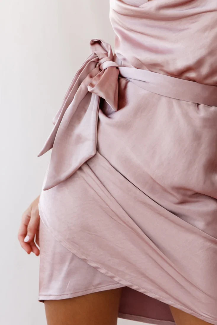 Bebe Satin Cowl Neck Wrap Dress Rose Gold