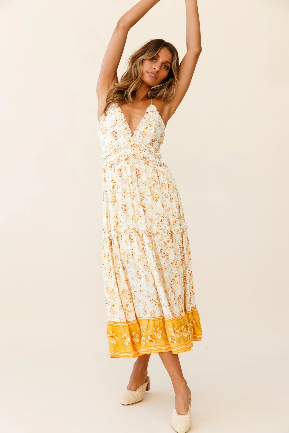 Laney Low Back Cami Strap Midi Dress Hibiscus Print Mustard