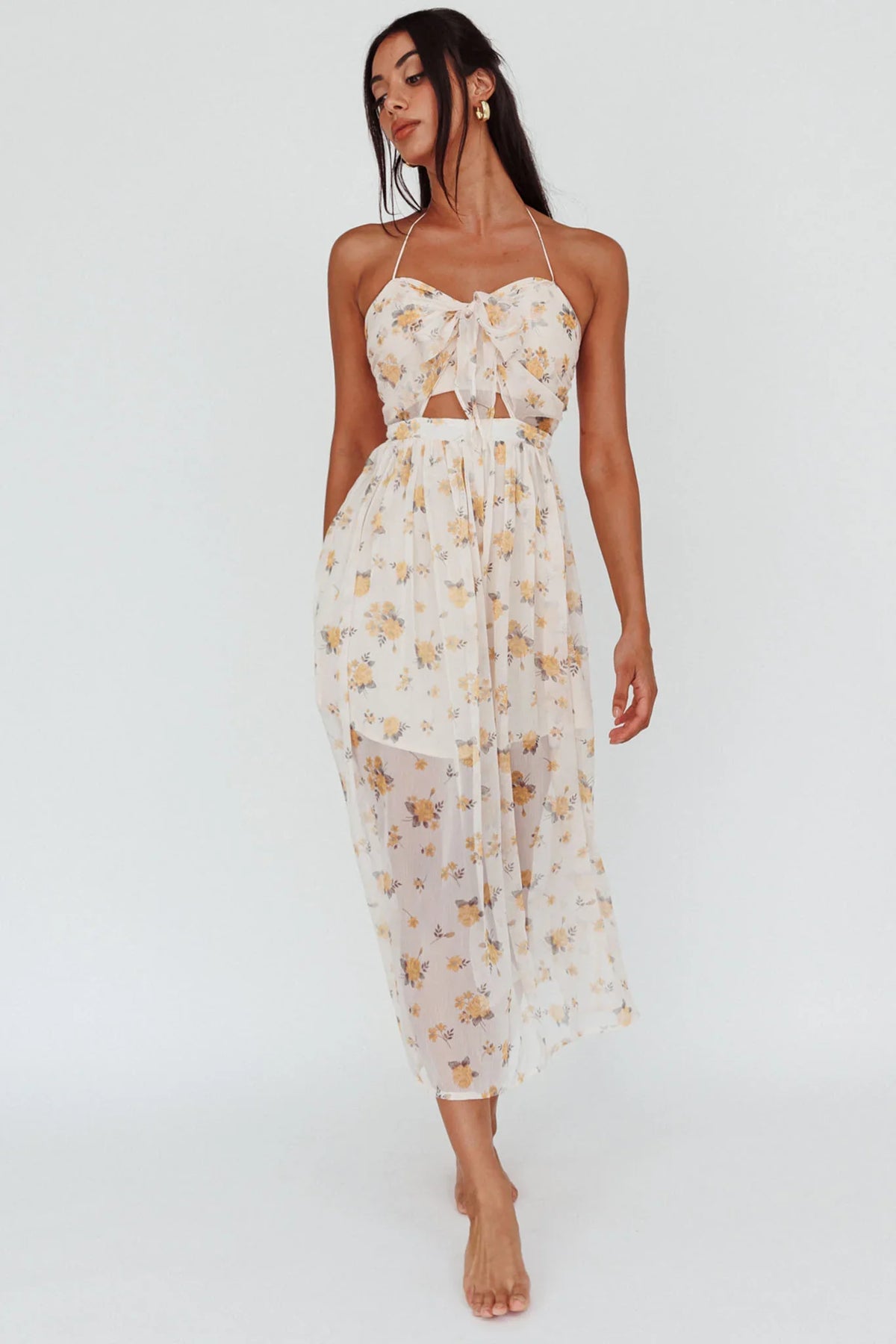 Los Feliz Tied Bust Halterneck Midi Dress Sheer Floral Yellow
