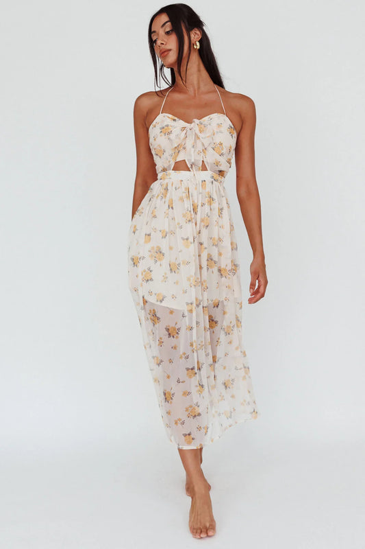 Los Feliz Tied Bust Halterneck Midi Dress Sheer Floral Yellow