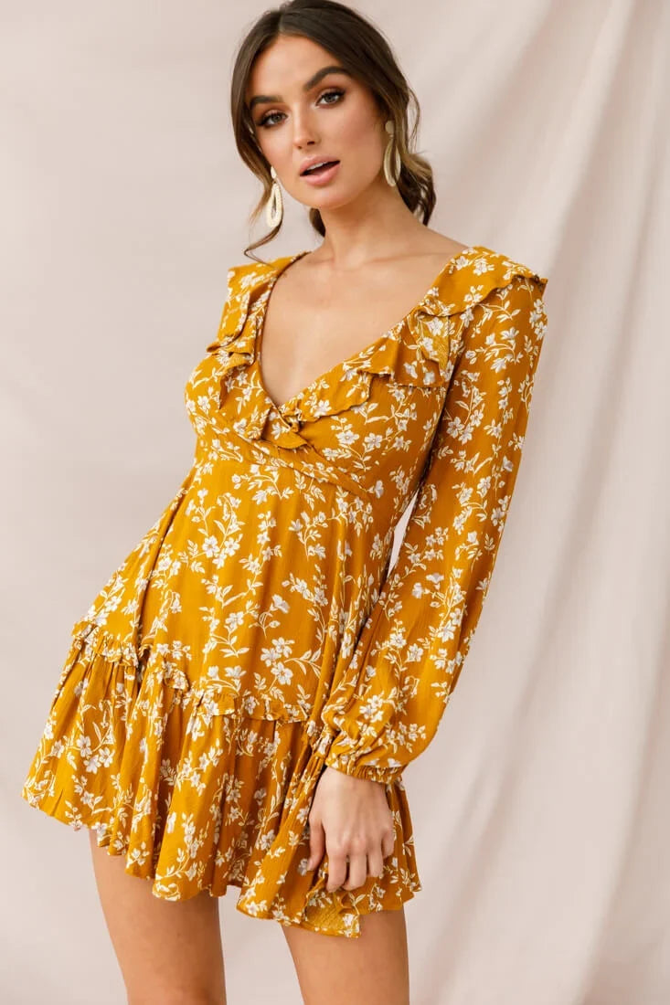 Brentwood Lace Up Babydoll Dress Mustard