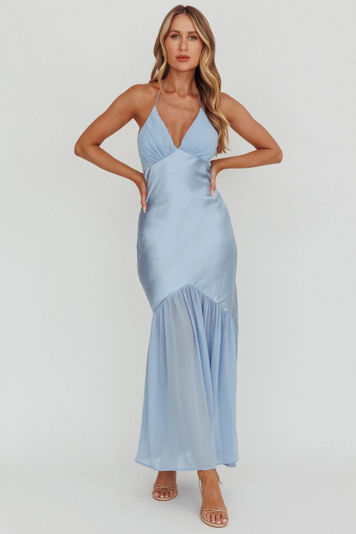 Aysah Chiffon Hem Halter Maxi Dress Light Blue
