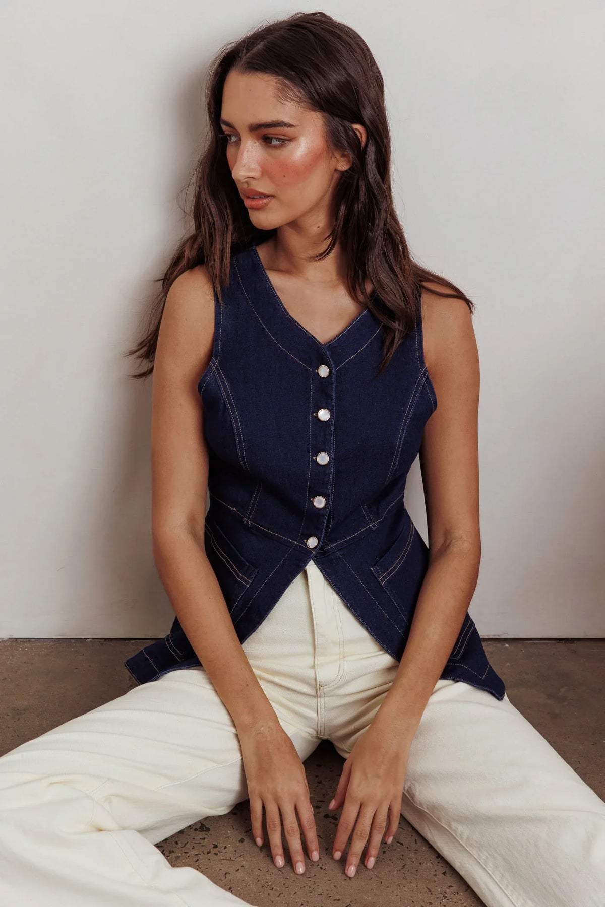 Philomena Button Front Pocket Vest Top Denim