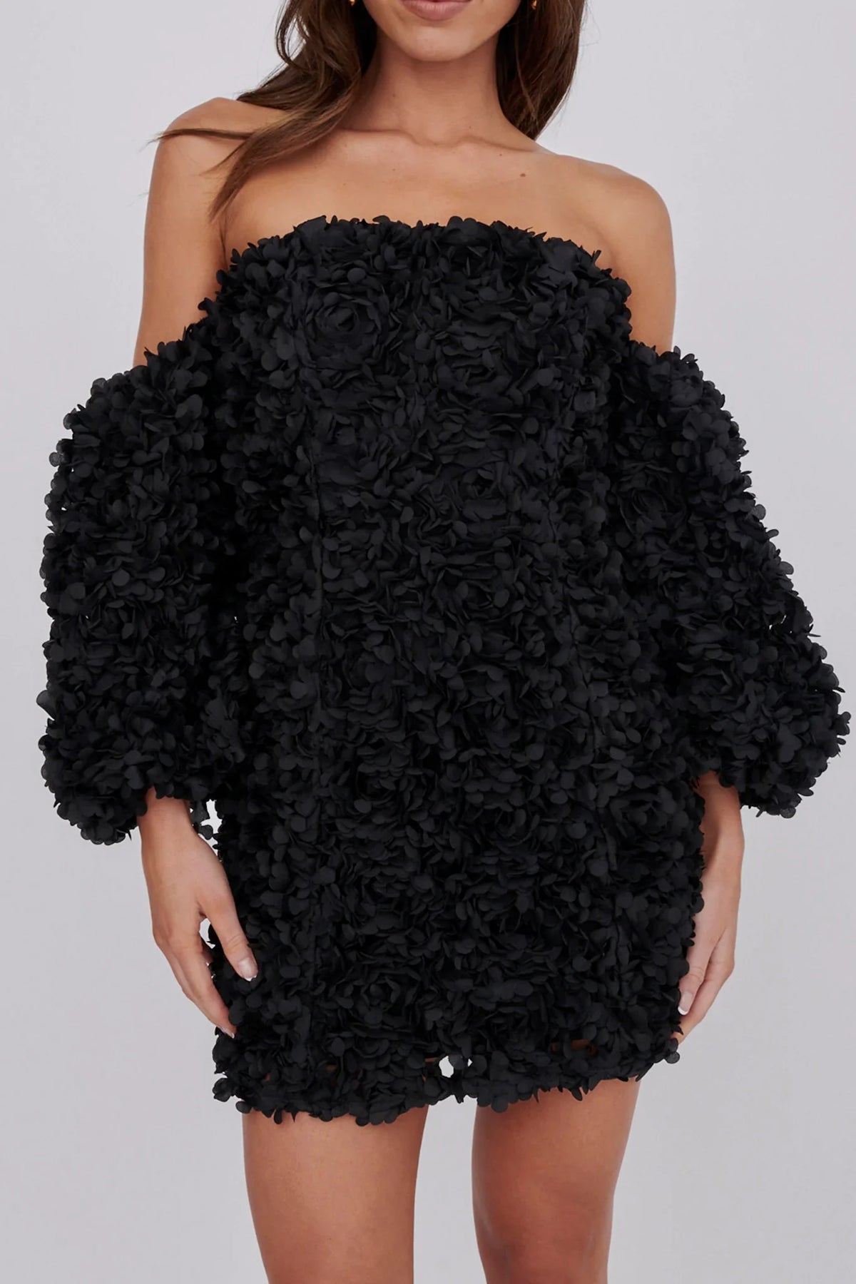 Vive La Rose Off-Shoulder Embellished Mini Dress Black