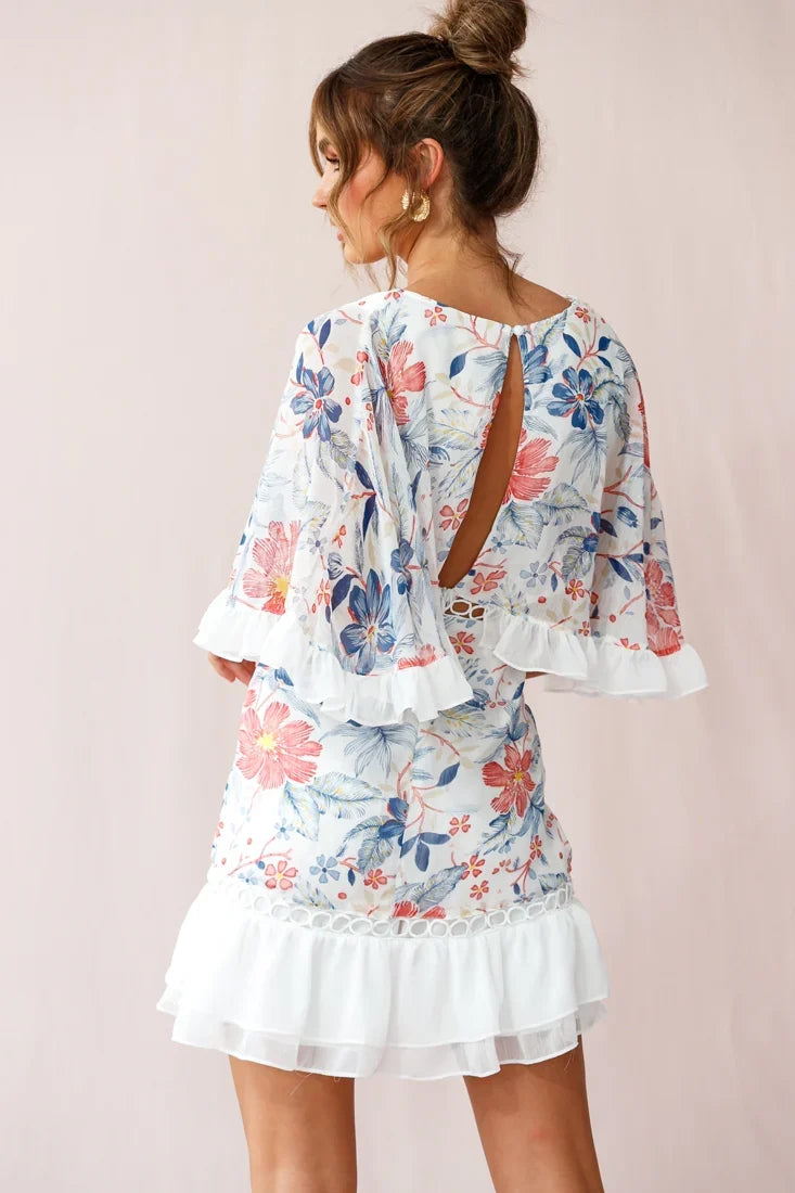 Caspar Batwing Floral Dress White