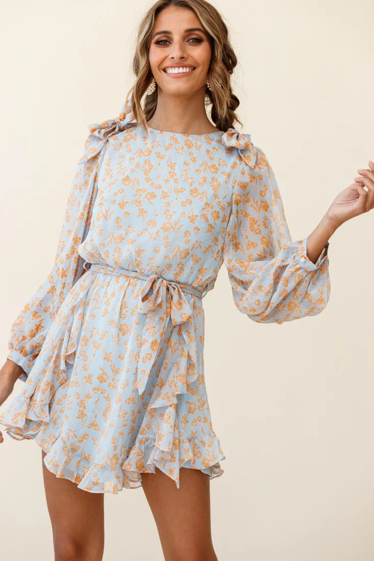 Leigh Long Sleeve Waist Tie Dress Floral Print Blue/Orange