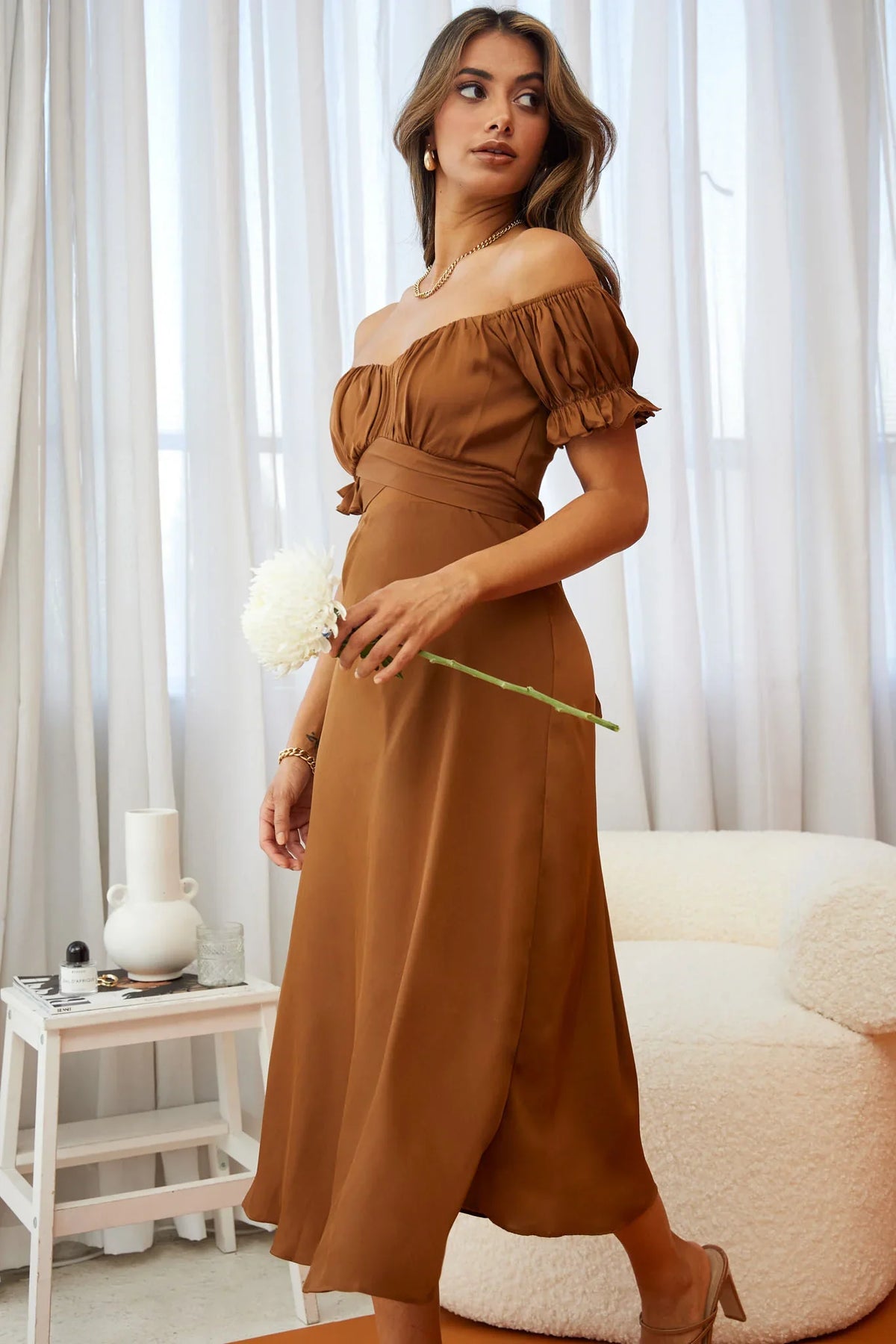 Linka Off-Shoulder Tie Back Midi Dress Chocolate