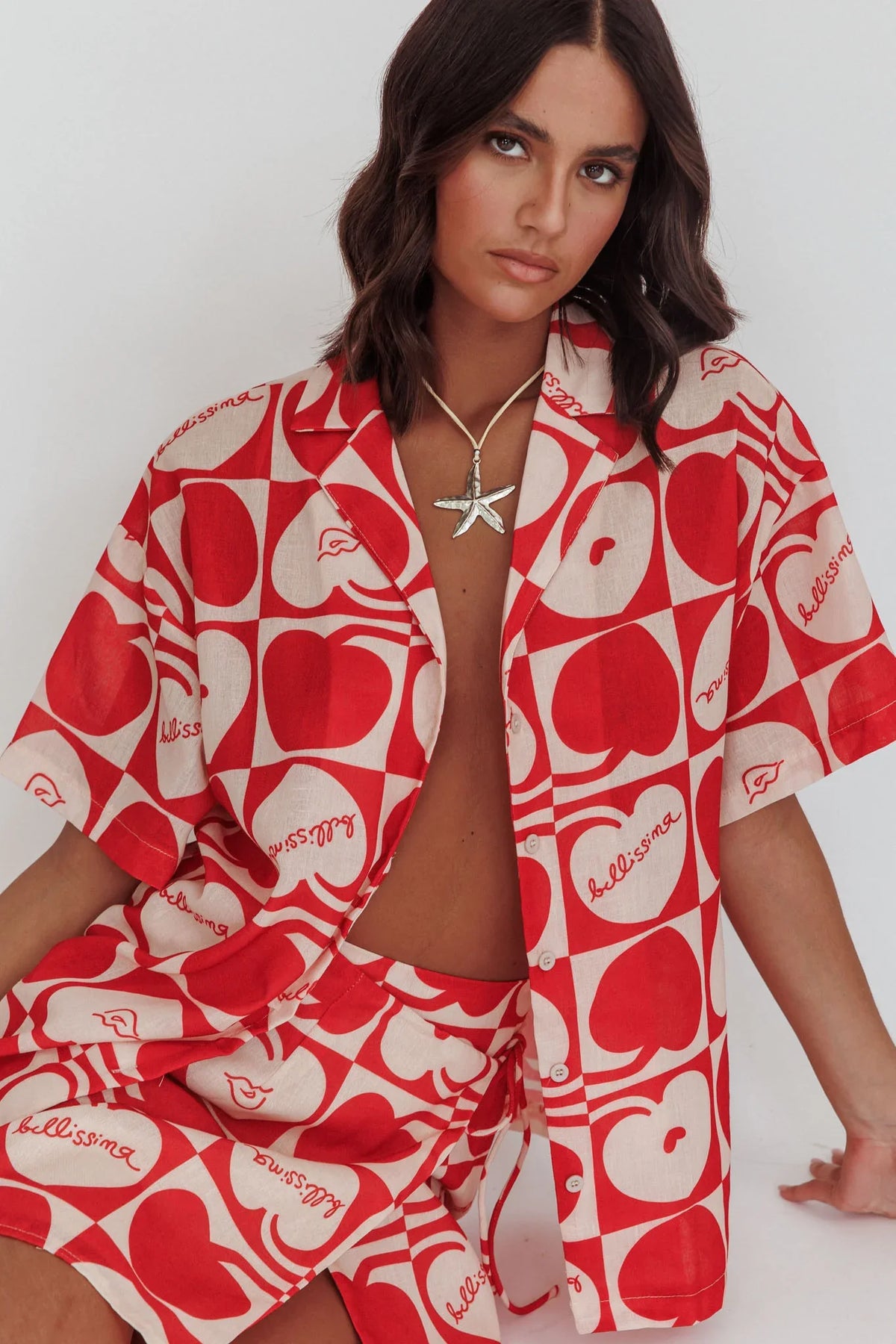 Ithaca Cherry Print Short Sleeve Shirt Red Beige