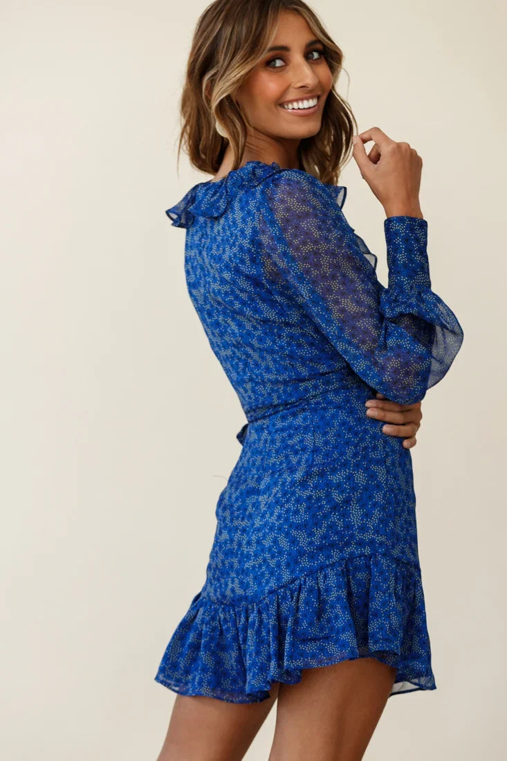 Regina Long Sleeve Ruffle Neckline Dress Flower Print Royal Blue