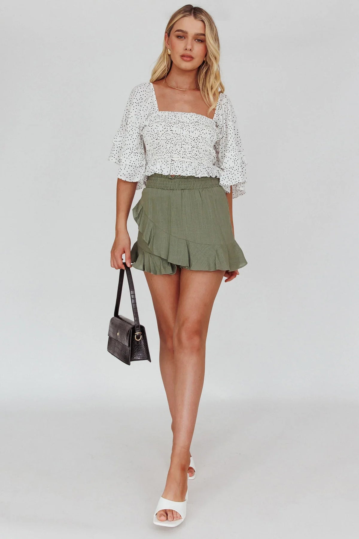 Boardwalk Bell Sleeve Crop Top Spotty White