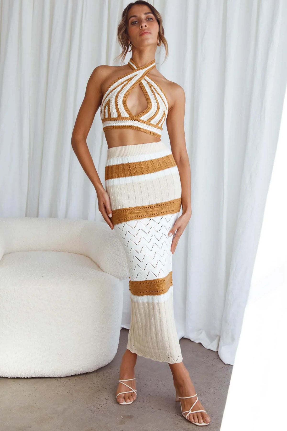 Higher Love Knit Halterneck Crop Top Striped Camel
