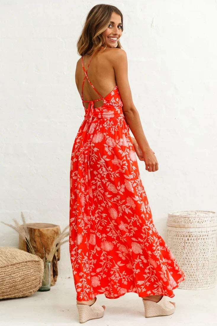 Athena High Split Maxi Dress Floral Print Red