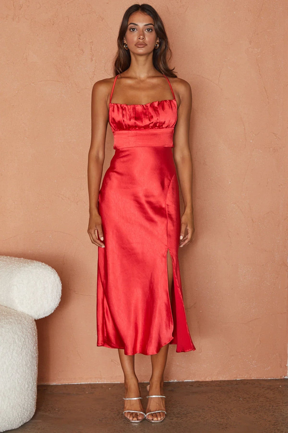 Lakoda Gathered Bust Bow Tie Back Midi Dress Red