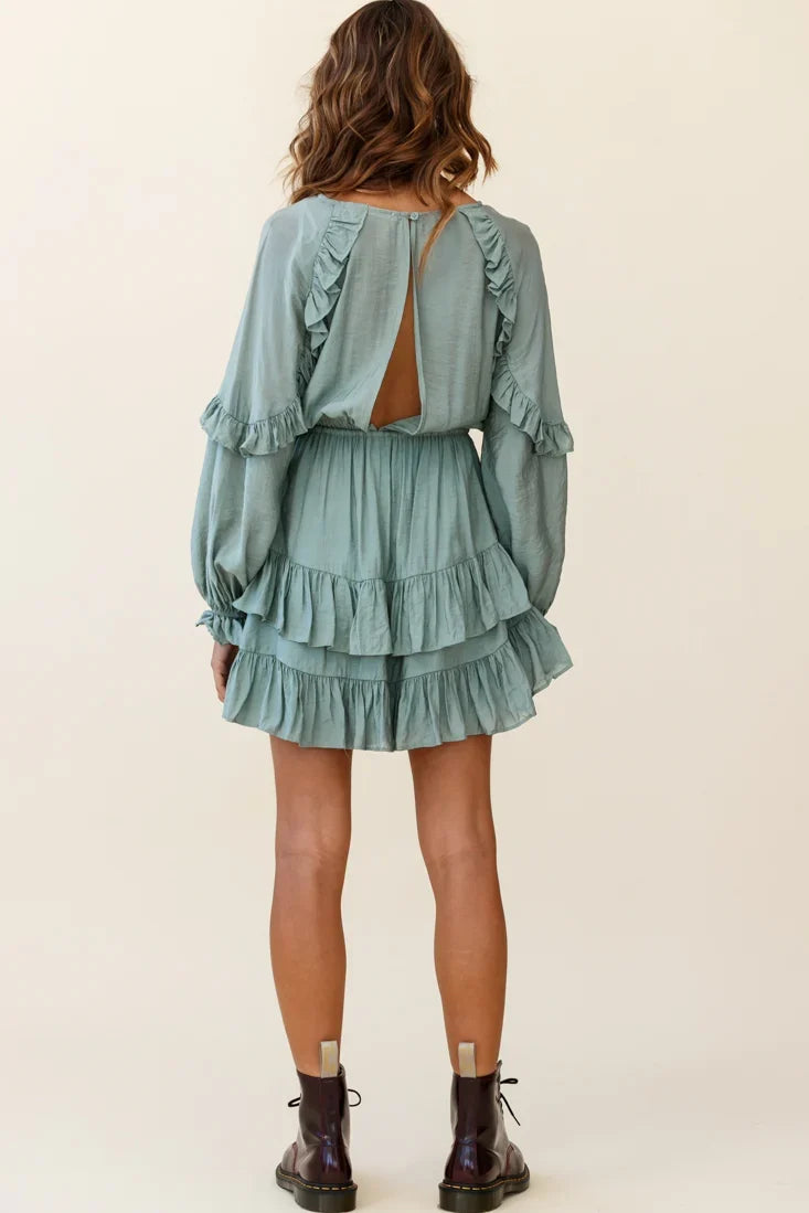 Best Wishes Long Sleeve Frill Detail Dress Olive