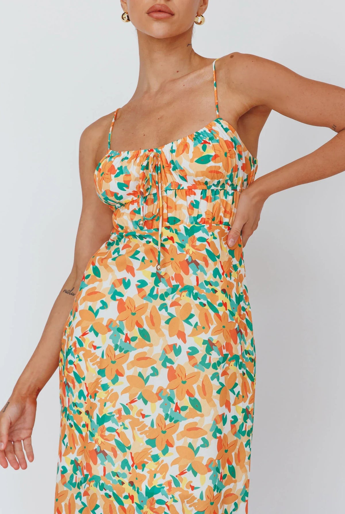 Solstice Noon Tied Bust Midi Dress Print Orange