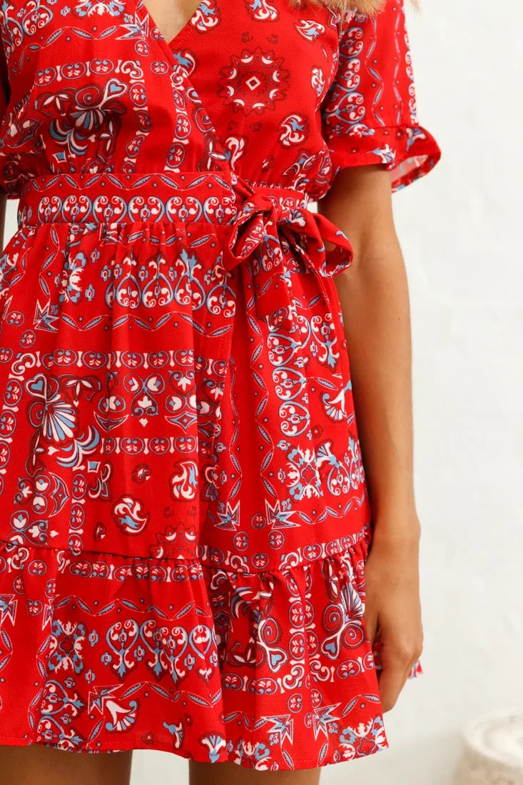 Rubi V-Neckline Wrap Dress Pattern Print Red