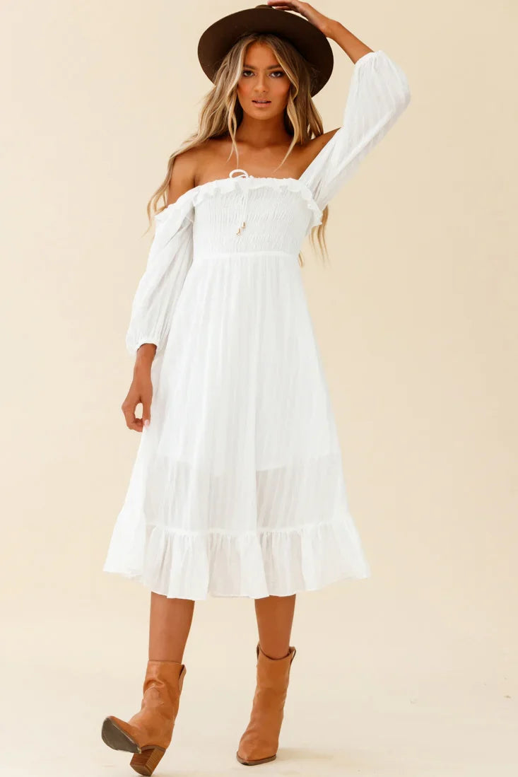 Flynn Off-Shoulder Shirred Bust Midi Dress White