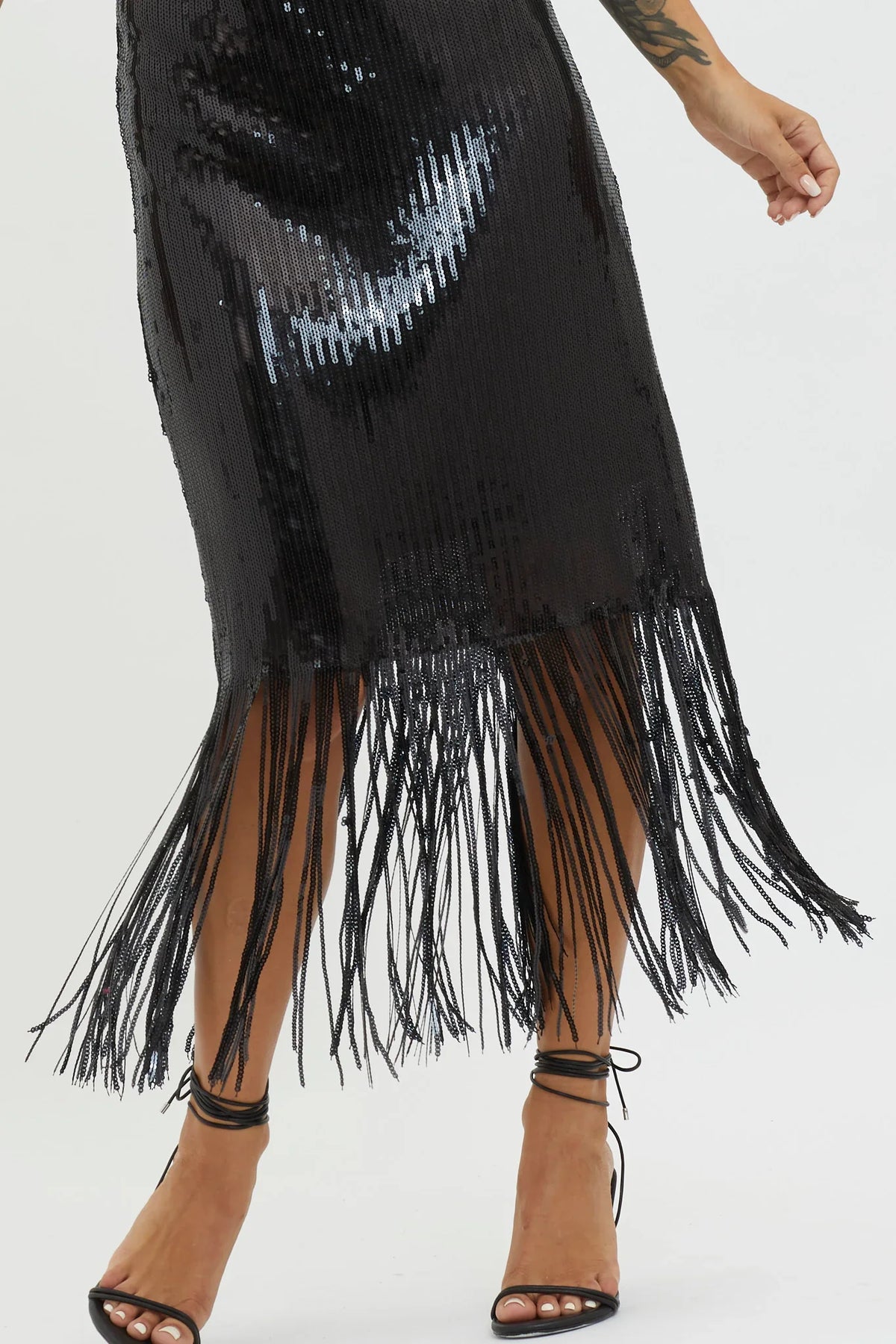 Halo Moon Sequin Fringe Midi Dress Black
