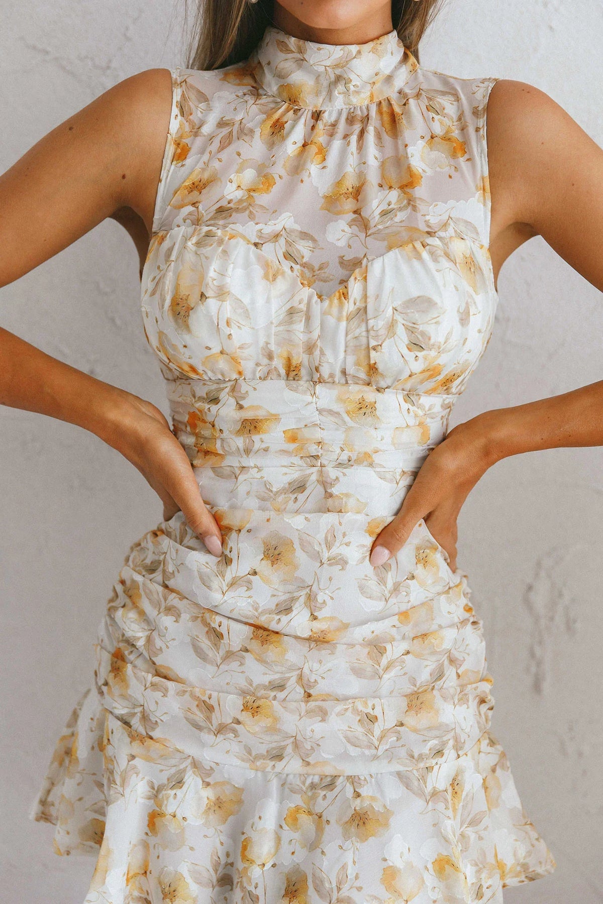 Monte Cristi High Neck Sleeveless Mini Dress Floral Print Yellow