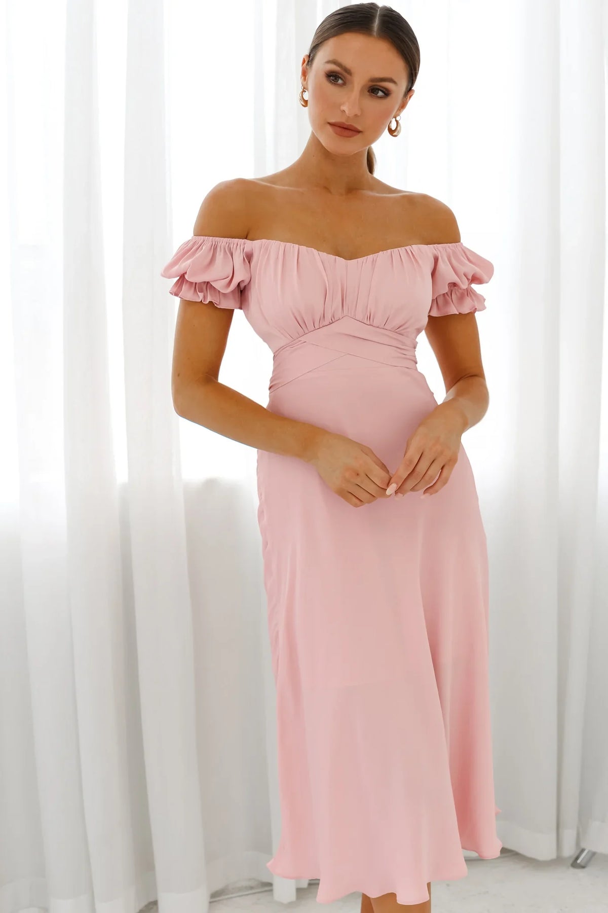 Linka Off-Shoulder Tie Back Midi Dress Blush