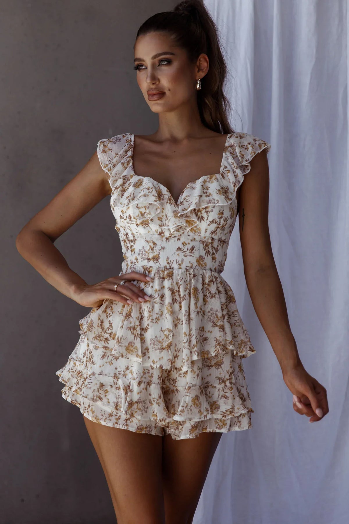 Revel Ruffle Trim Tied Back Romper Floral Yellow
