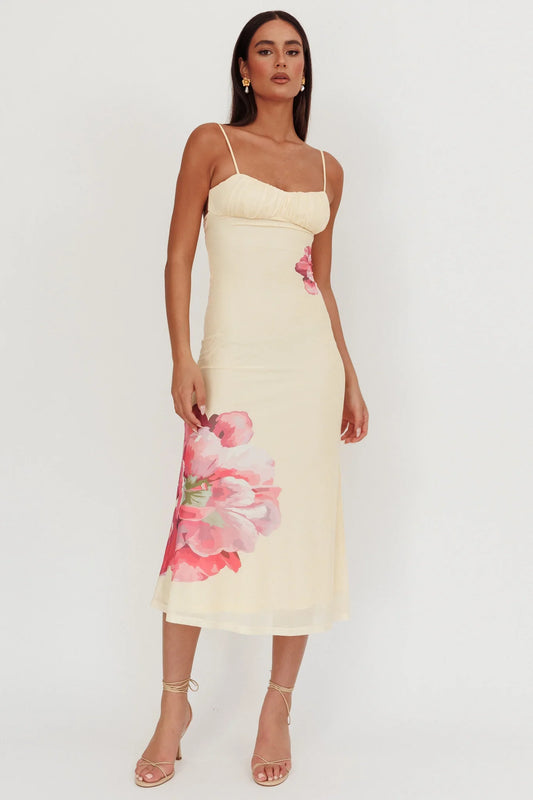 Nerida Gathered Bust Maxi Dress Flowers Yellow