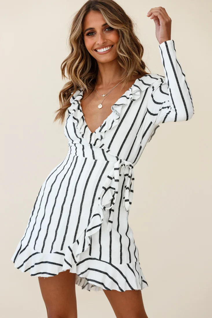 Beatrice Faux Wrap Ruffle Trim Raw Edge Dress White/Black Stripe
