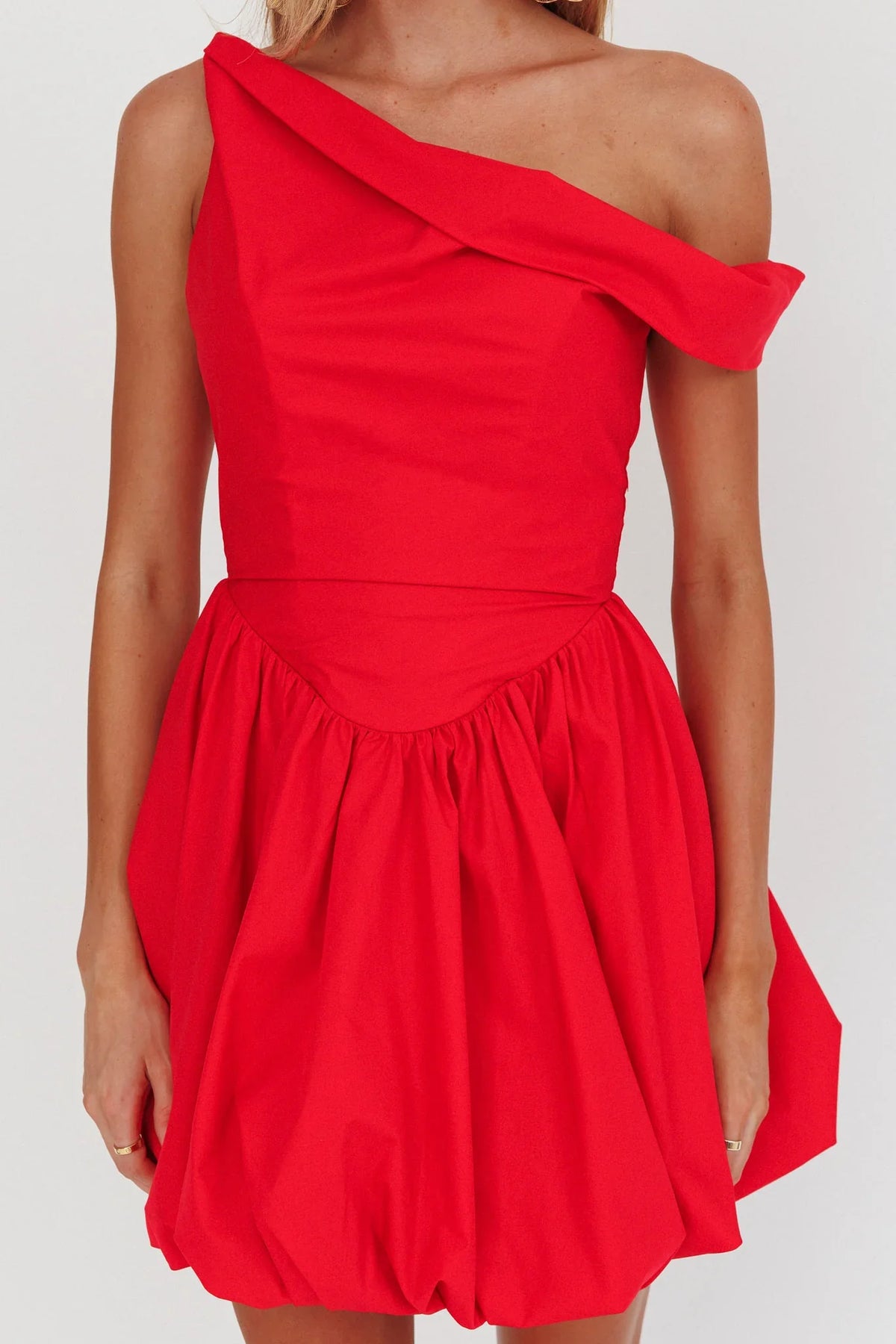 Celinda Asymmetric Neckline Balloon Mini Dress Red