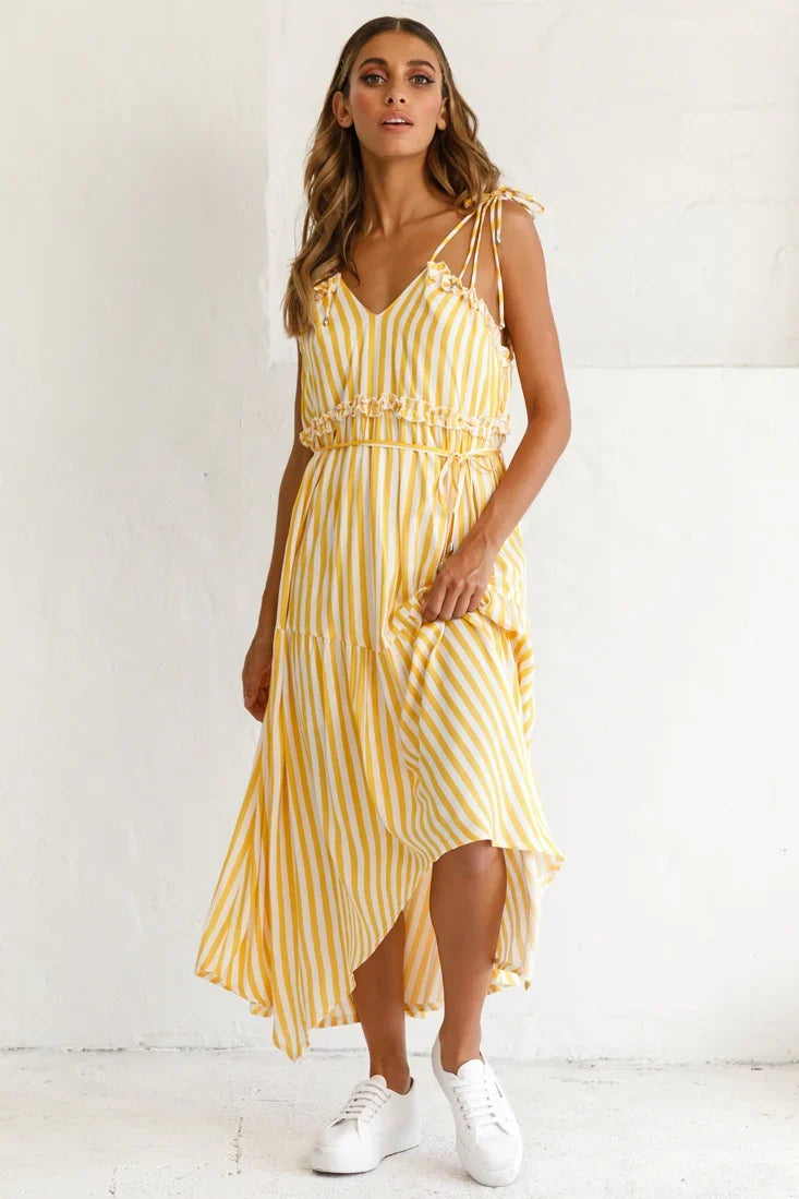 Santa Monica String Tie Maxi Dress Stripe Print Mustard