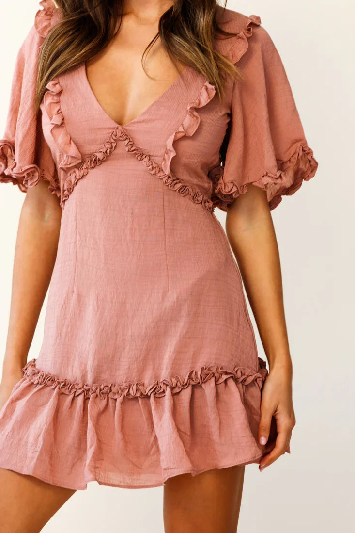 Halo V-neckline Frill Detail Dress Rose