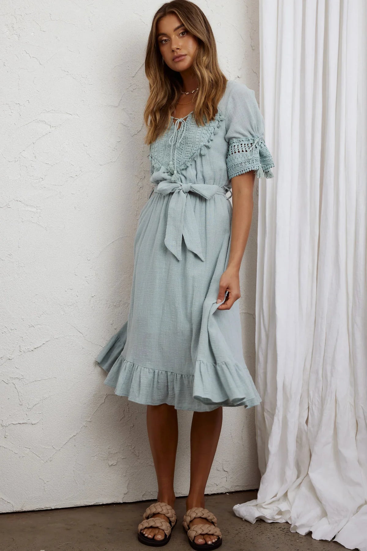 Jada Short Sleeve Crochet Tassel Midi Dress Sage