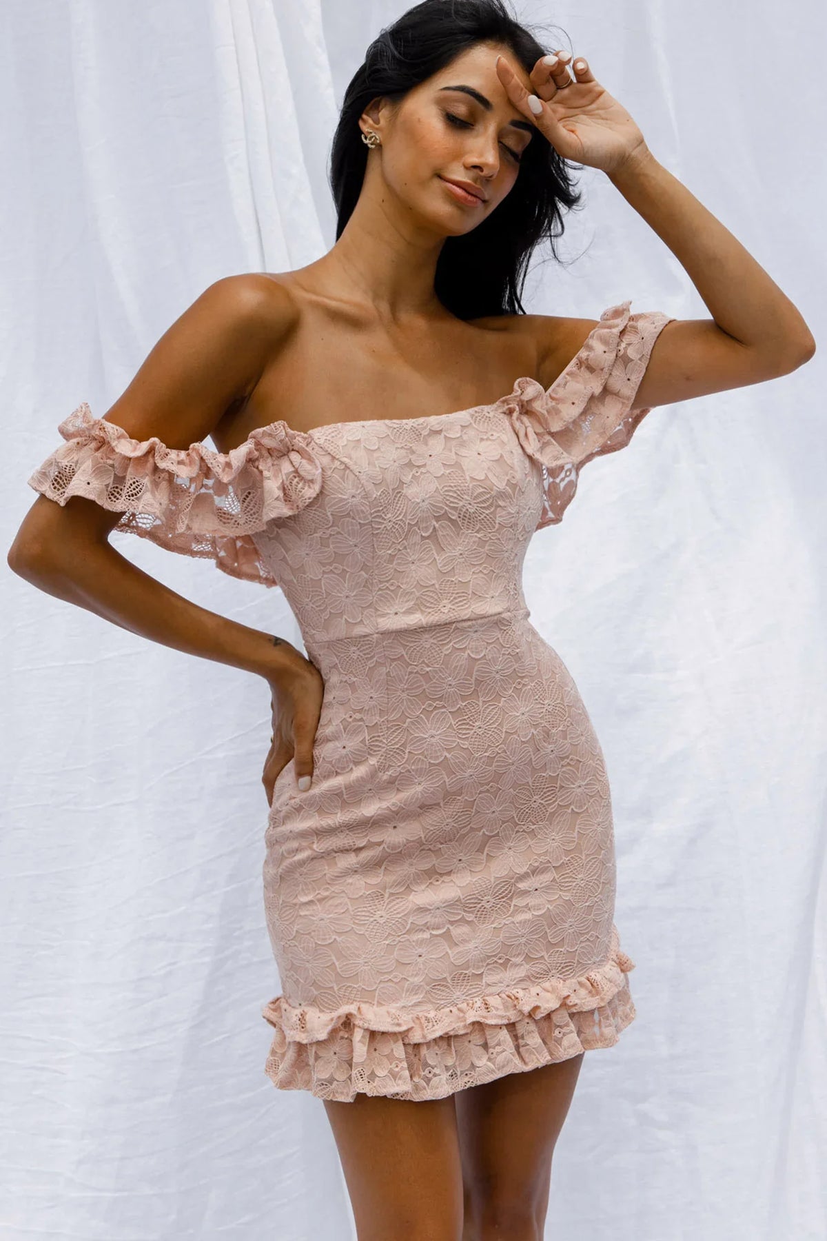 Verona Off-Shoulder Lace Overlay Mini Dress Blush