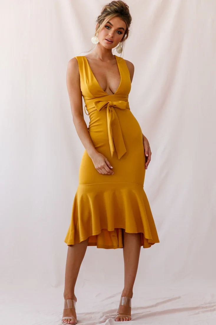 Sorry Not Sorry Wide Strap Flounce Dress Mustard