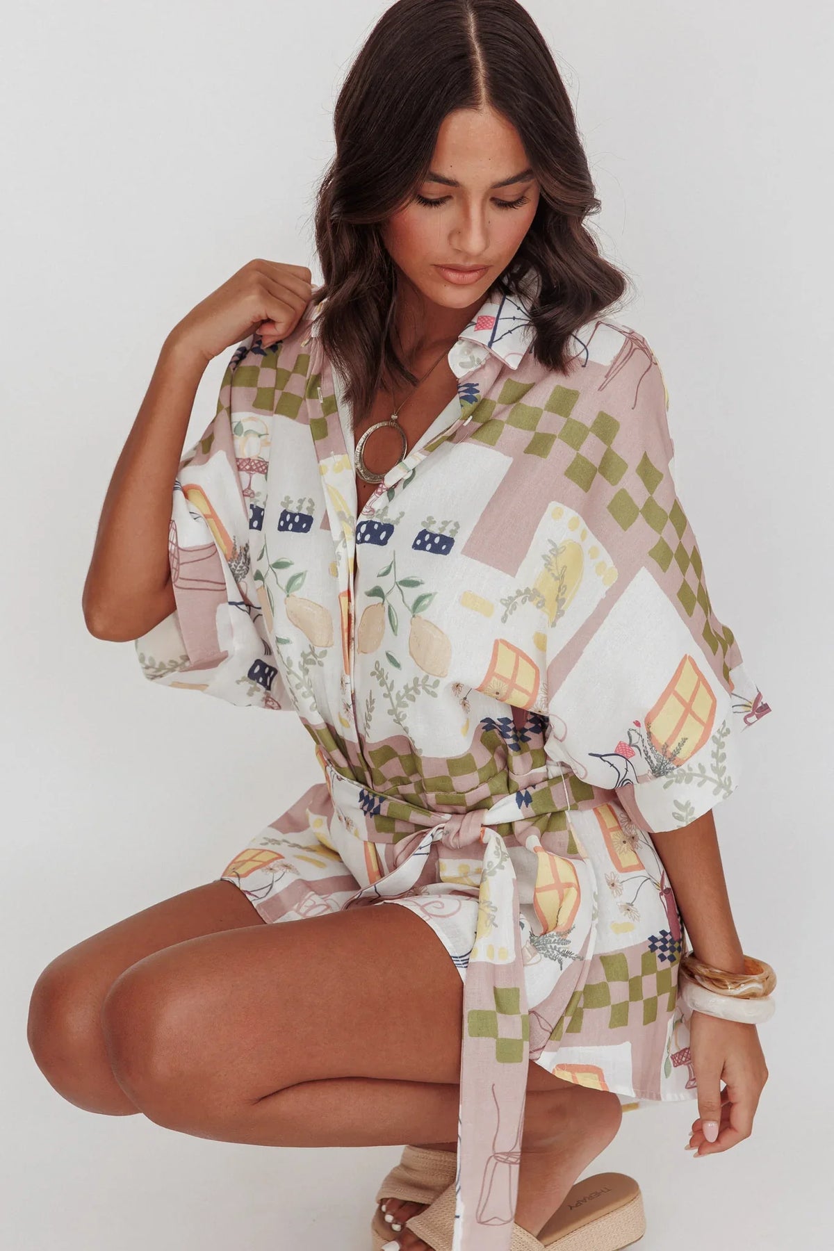 Daytona Beach Button-Up Romper Euro Print Olive