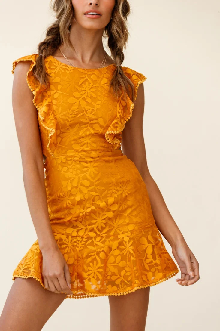 Jackie Pinafore Floral Mesh Dress Mustard