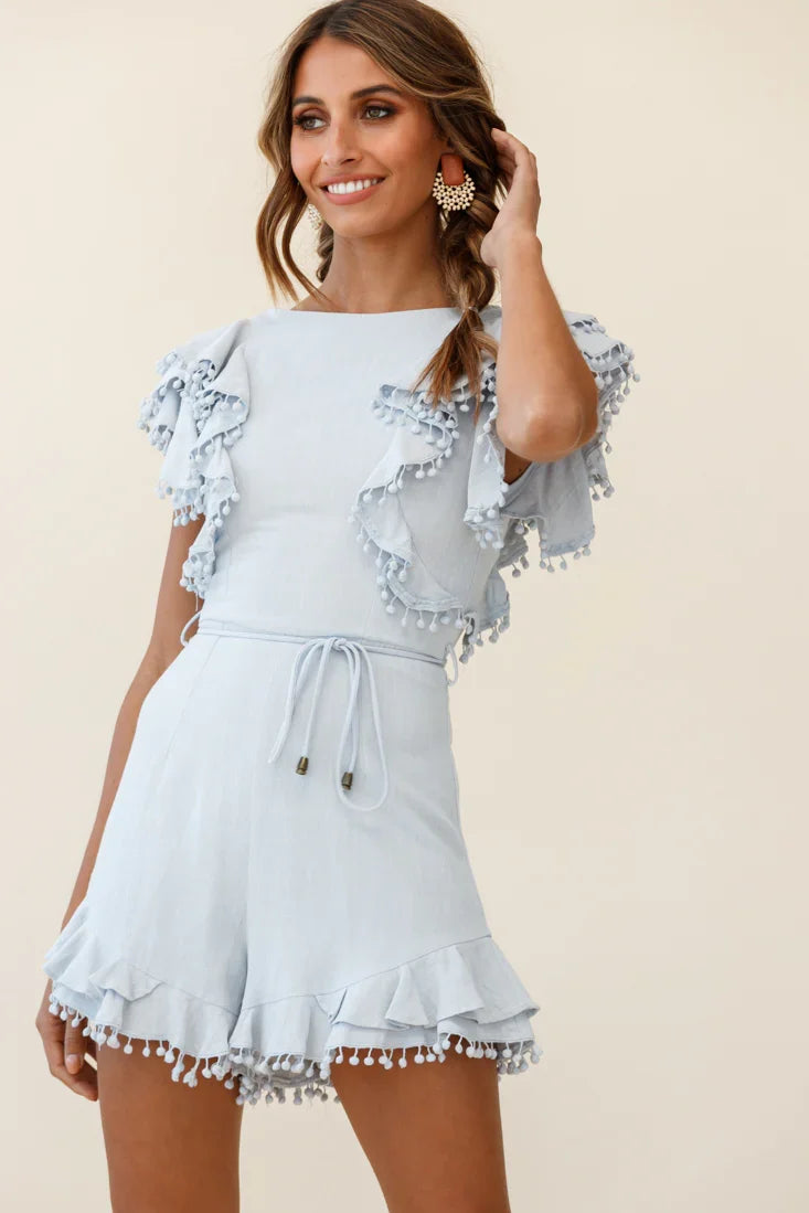 Must Be Nice Frill Shoulder Circle Trim Romper Steel Blue