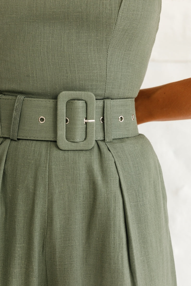 Santa Barbara Cuffed Hem Belted Jumpsuit Olive