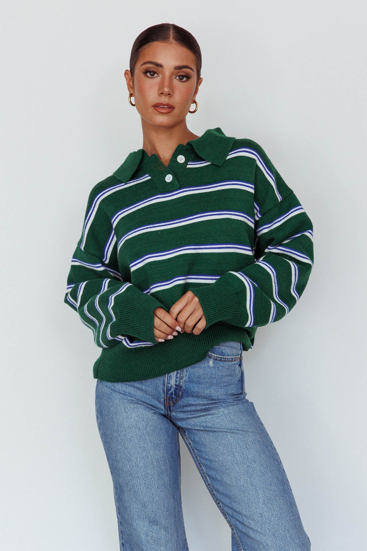 Boston Collared Knit Sweater Striped Forest Green