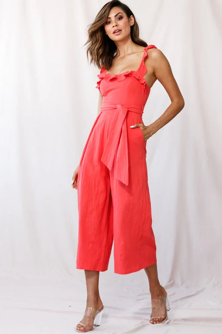 Kaia Ruffle Strap Wide-Leg Capri Jumpsuit Red