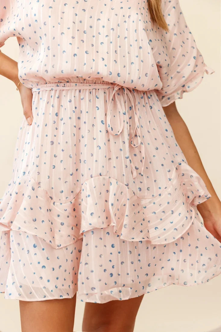 Mollina Frill Sleeve Layered Hem Dress Spot Print Blush
