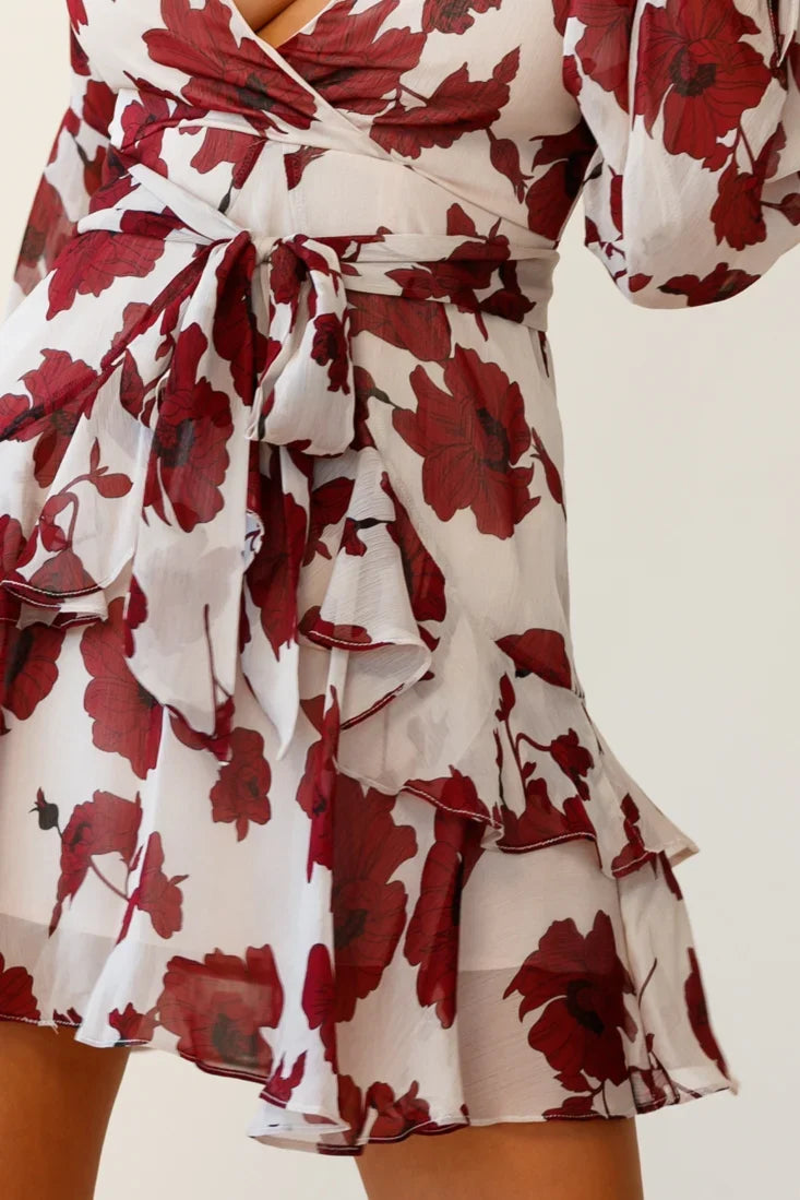 Kerry Layered Balloon Sleeve Dress Floral Print Beige