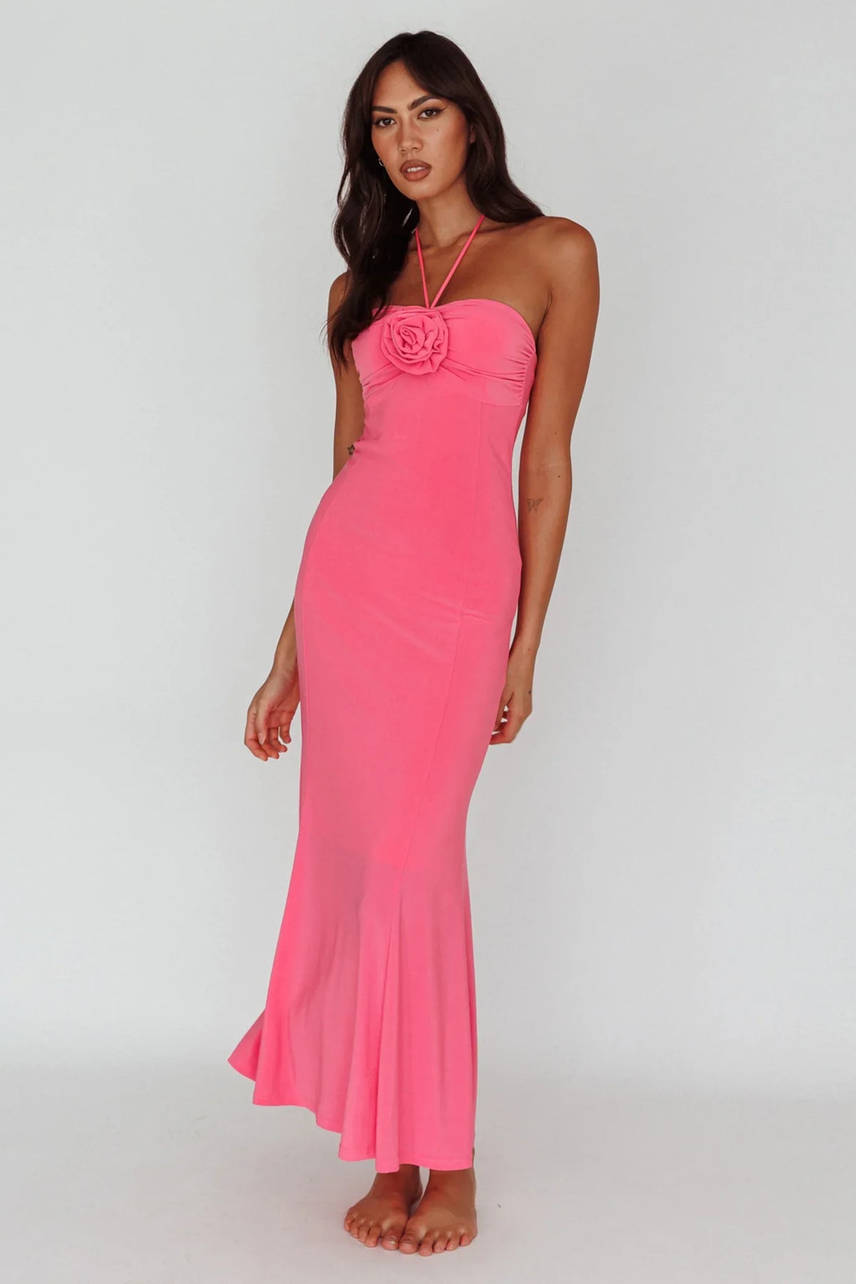 Ibiza Sunset Bust Flower Midi Dress Hot Pink
