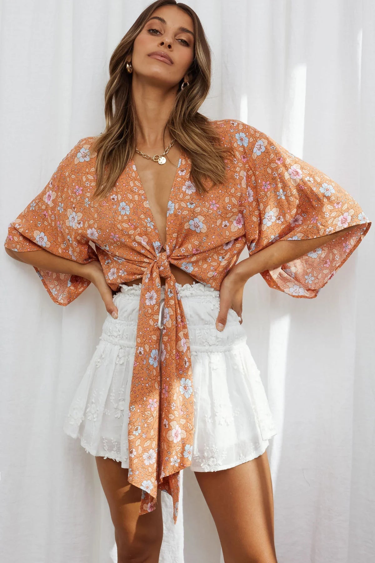 Rivera Deep-V Tie Front Crop Top Floral Print Orange/Pink