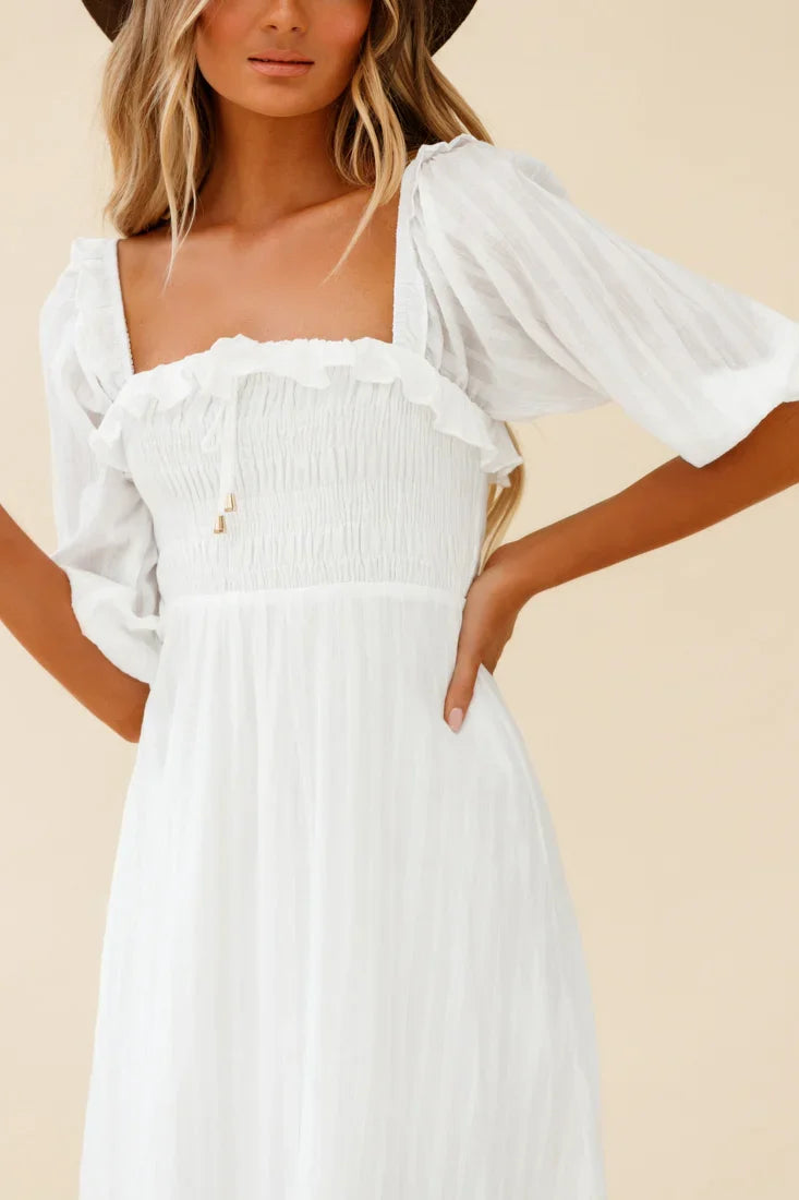 Flynn Off-Shoulder Shirred Bust Midi Dress White