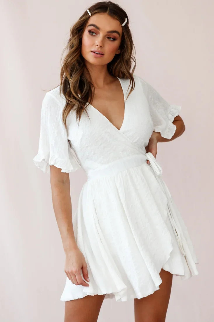 Cara Frill Trim Wrap Dress White