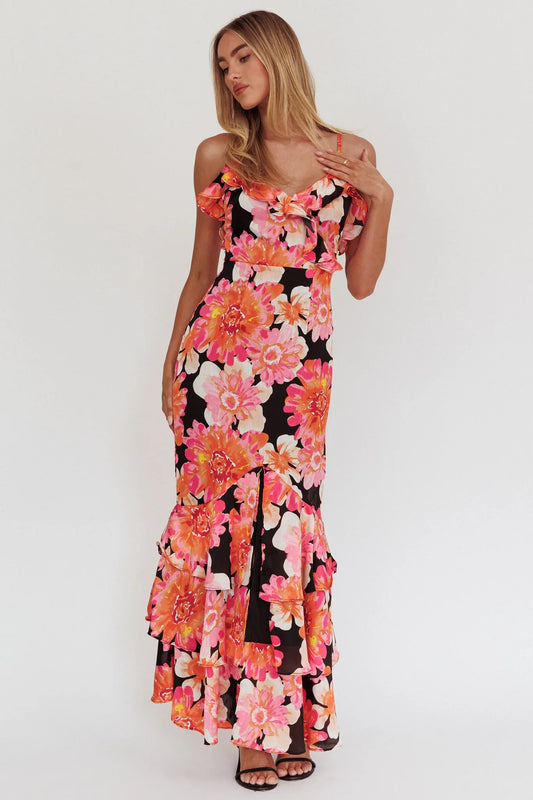 Silvana Frill Trim Maxi Dress Black/Pink
